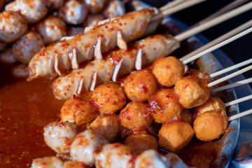 Fried food with sticks, Thai style food, Street food in Bangkok, Thailand