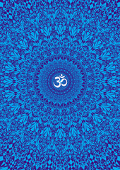 Square openwork mandala, elegant circle patern ornament with Aum / Om sign in the center. Vector graphics.