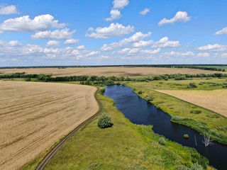 Naklejka premium Pond and fields with harvest on a sunny day