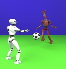 Fototapeta na wymiar two robot plays in football