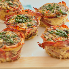 Breakfast muffin with bacon, egg, pepper and mushrooms. Ketogenic diet.