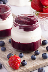 Yogurt and Berry Puree in a Glass Jar for Breakfast