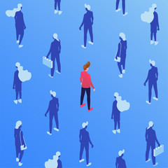 Corporate workers, managers isometric seamless pattern. Male and female employees with cases, businessman and businesswomen on blue background. Office workers silhouettes backdrop, wallpaper