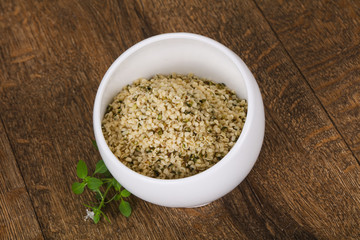 Peeled hemp seeds in the bowl