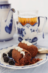Delicious chocolate brownie as a potato form, Russian traditional dessert, ready for tea party
