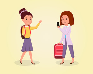 Schoolgirl going to school flat illustration. Schoolchild with backpack waving hand, pupil holding rucksack and using smartphone cartoon characters set. Classmates, girlfriends clipart