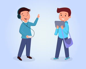 Teen friends meeting flat vector illustration. Schoolboy wearing headphones, listening music, schoolkid with bag using tablet characters set. Classmates isolated clipart on blue background