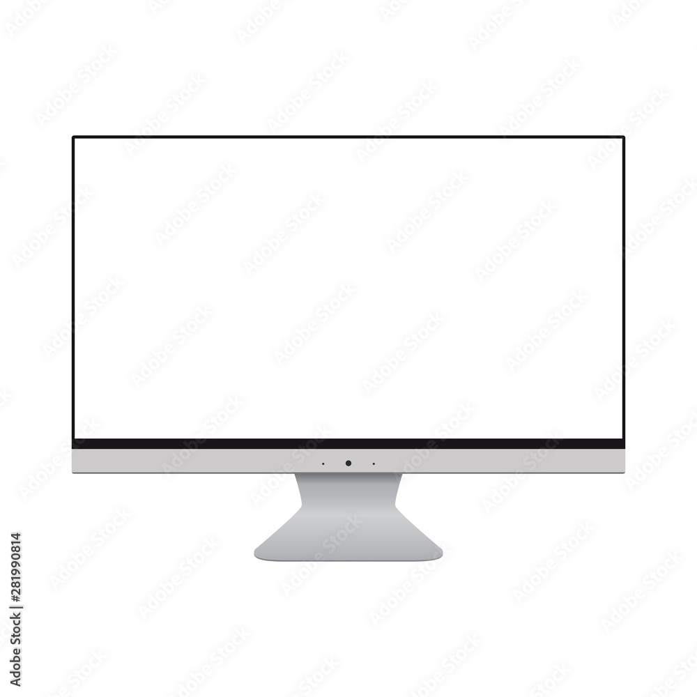Poster desktop computer or pc with blank white screen, front view, vector icon. computer pc with blank scre