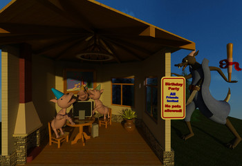 Three piglets are sending e-mail invitations for their birthday party, the big bad wolf is sneaking around with a surprise present in his hand 3D illustration 2. Perspective view, sky background. Coll