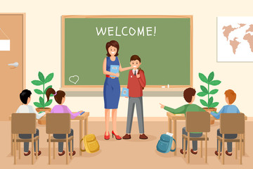 Welcoming new schoolboy vector illustration. Female teacher presents newbie to groupmates cartoon characters. Schoolmates sitting at desks, listening to teacher and pupil, student
