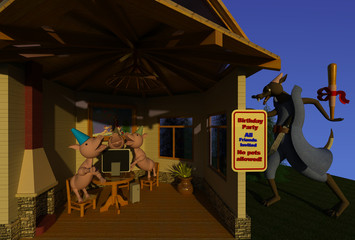 Three piglets are sending e-mail invitations for their birthday party, the big bad wolf is sneaking around with a surprise present in his hand 3D illustration 1. Perspective view, sky background. Coll