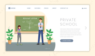 Private school vector landing page template. Cartoon biology teacher explaining plant structure to schoolgirl. Prestigious educational institution, elite college website page design layout