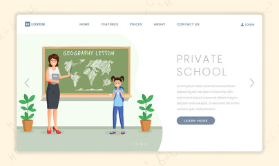 Private school lesson landing page template. Geography teacher explains continents location to cute schoolgirl cartoon characters. Elite school with child centered approach promo webpage design layout