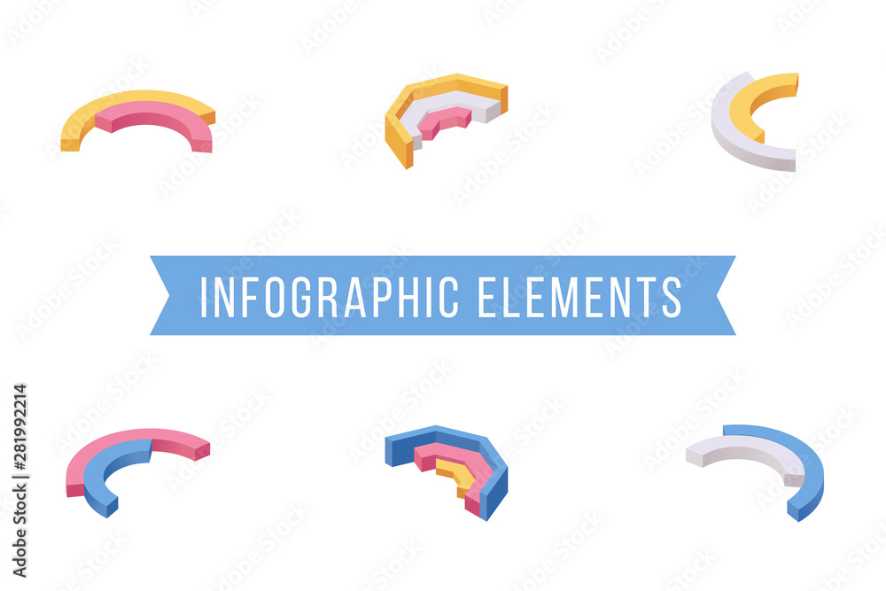 Poster infographic elements isometric vector illustrations set. various multi level pie chart slices, circu