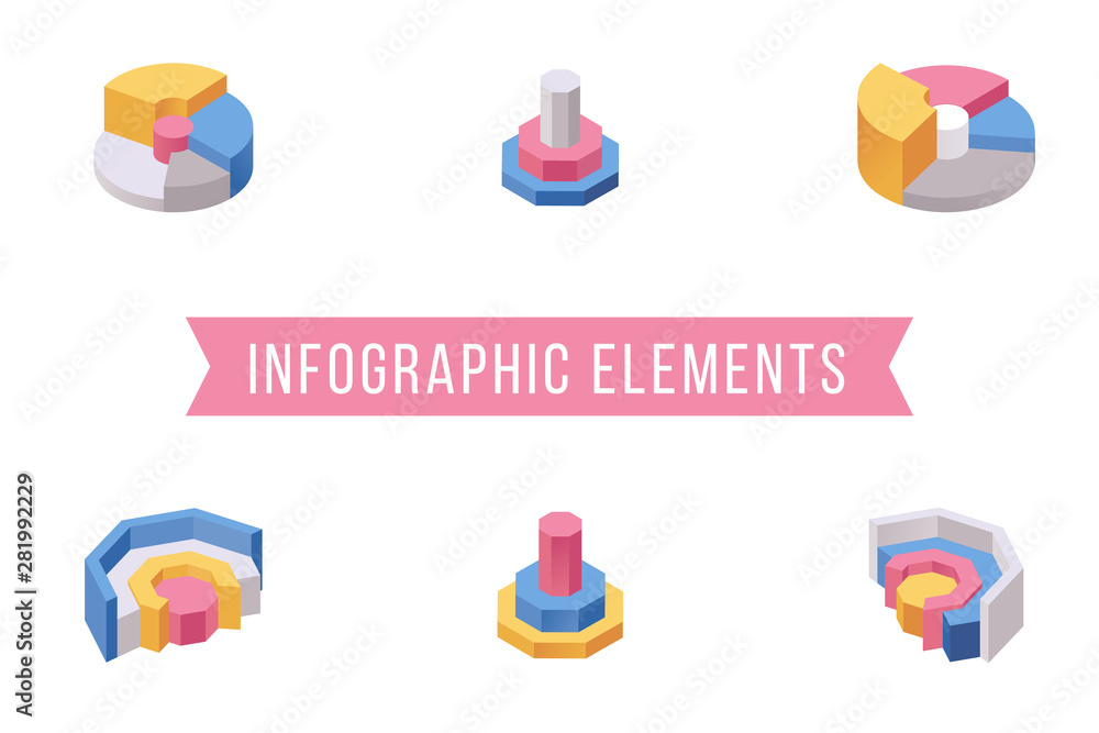 Poster pie chart elements isometric illustrations set. various multi level donut graph slices, circular dia