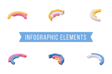 Infographic elements isometric vector illustrations set. Various multi level pie chart slices, circular diagram 3D icons pack. Statistical analysis, business analytics, marketing data visualization