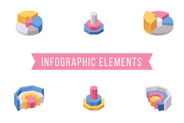 Pie chart elements isometric illustrations set. Various multi level donut graph slices, circular diagram 3D icons pack. Financial analytics, business statistics visualization, economic infographics