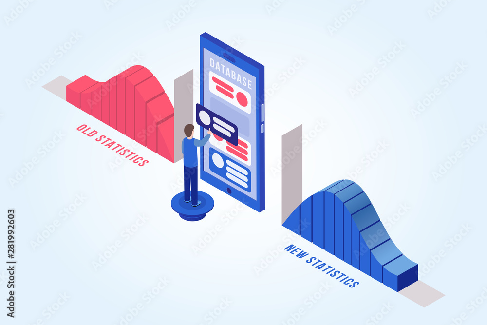 Poster man updating database isometric vector illustration. businessman, office worker, manager working wit