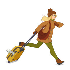 Girl run with yellow luggage in autumn coat. Girl running in a hurry. Vector cartoon girl illustration isolated on white background.