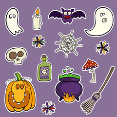 Fototapeta premium Halloween set of patches with pumpkin, skull, mushroom and other elements. Vector illustration isolated on violet background. Set of stickers, pins, patches in cartoon comic style.
