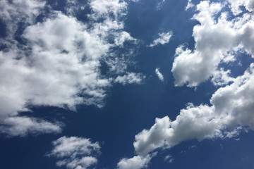 Beautiful clouds against a blue sky background. Cloud sky. Blue sky with cloudy weather, nature cloud. White clouds, blue sky and sun