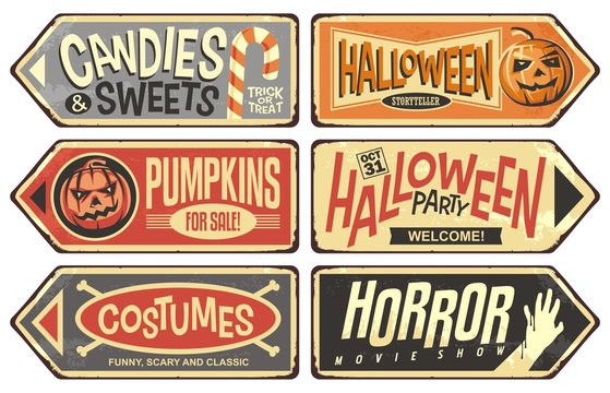 Halloween events retro signs collection. Halloween party, storyteller, horror movie show, pumpkins for sale, costumes, candies and sweets. Vintage vector illustration.