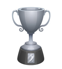 Silver cup trophy award with base. Prize for the second place. Shiny trophy on white background.