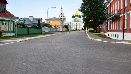 View on Kolomna street with bell tower of John the Apostle and Archangel Michael Church, Kolomna kremlin. Sightseeing and travelling in Russia. History, Religion, Horizontal banner