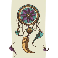 dreamcatcher with feathers ethnic print with native American Indian boho design, mystery symbol, hand drawn  tribal gypsy spiritual tattoo card. Vector illustration of dream catcher