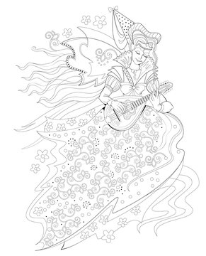 fairy playing lute, black and white clip art preview