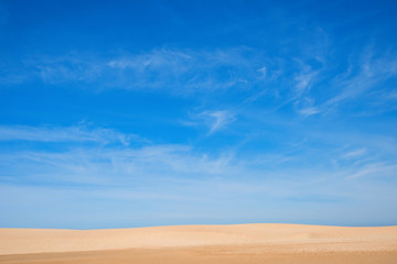Fototapeta na wymiar Sandstrand mit feinem Sand, grosse Fläche blauer Himmel mit Schleierwolken und Platz für Text
