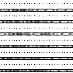 lines stripes dots boho pattern of doodle seamless tile , black isolated on white vector illustration . striped line geometric ethnic ornament for textile , repeatable