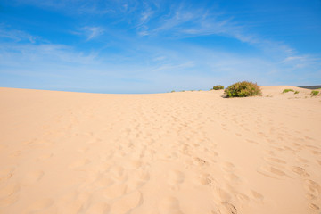 Dünenlandschaft mit feinem hellen Sand, blauer Himmel mit feinen Cirrus-Wolken