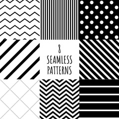 8 black and white geometric pattern set simple ornate color monochrome , geometry seamless repeatable tile for textile texture or wrapping paper . vector illustration