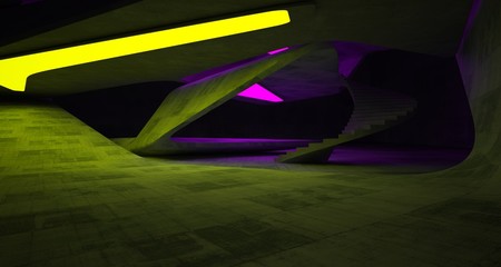 Abstract architectural concrete smooth interior of a minimalist house with color gradient neon lighting. 3D illustration and rendering.