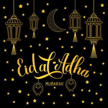 Eid al-Adha Mubarak lettering with lanterns and stars on black background. Kurban Bayrami typography poster. Islamic traditional festival. Vector template for banner, greeting card, flyer, invitation.