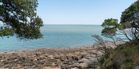 rocky beach on the island of Aix Charente maritime in France in web template banner header