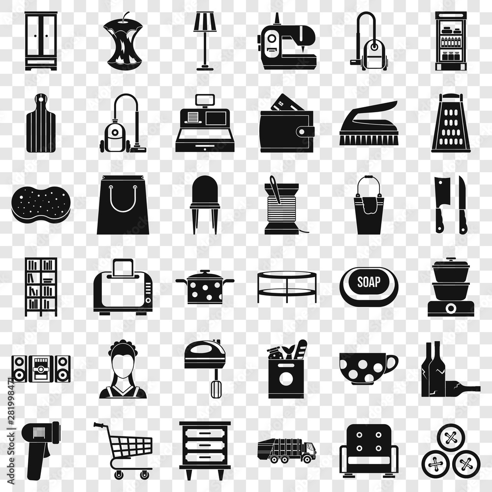 Poster housework icons set. simple style of 36 housework vector icons for web for any design
