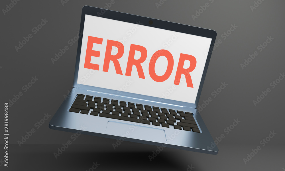 Poster levitating laptop with an error message on the screen. 3d rendering