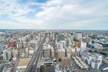 city skyline aerial view of Sendai in Japan