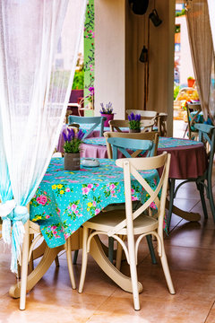 Colorful greek cafe interior.