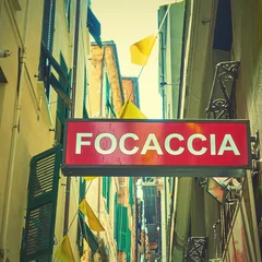 Kussenhoes Focaccia sign in the street in Genoa © Roman Sigaev