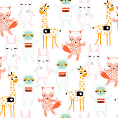 Seamless pattern with wild animals. Childish trendy print. Vector hand drawn illustration.