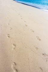 Fototapeta na wymiar Pilgrims footsteps on Langosteira beach in Fisterra, Finisterre or End of the Earth, in A Coruna, Galicia, Spain on the Way of St. James, Camino de Santiago