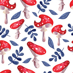Watercolor seamless background. Red, bright fly agarics in leaves on a white watercolor background. Forest mushrooms. Mystical, fabulous, fun style. Bright hand-drawn background for packaging,