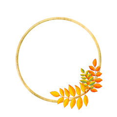 round frame for design with bright autumn leaves on a white background. Design for banner, poster or greeting card, invitation, paper cut out art style