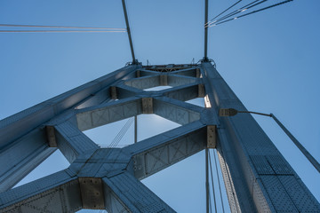 Closeup of the Bay Bridge tower in San Francisco from below , Northern California	