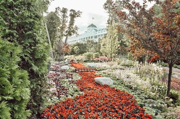 A secret garden looking at The Grand Hotel on Mackinac Island