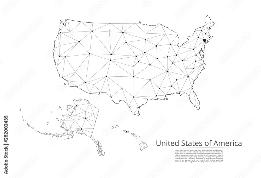 Poster the map of the network of the united states of america. vector low-poly image of a global map with l