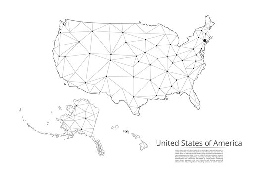 The map of the network of the United States of America. Vector low-poly image of a global map with lights in the form of a population density of cities consisting of shapes. Easy to edit